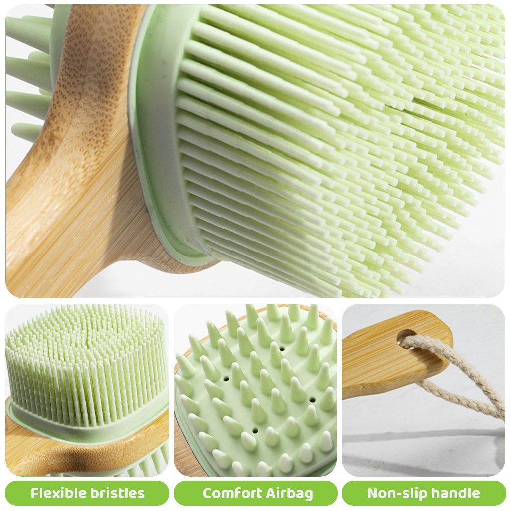MAYCREATE Bath Brush 12.8 Inches Double Sided Silicone Body Massager Brush Back Scrubber Brush Wooden Handle Body Exfoliation Bathing Brush, Green
