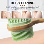 MAYCREATE Bath Brush 12.8 Inches Double Sided Silicone Body Massager Brush Back Scrubber Brush Wooden Handle Body Exfoliation Bathing Brush, Green