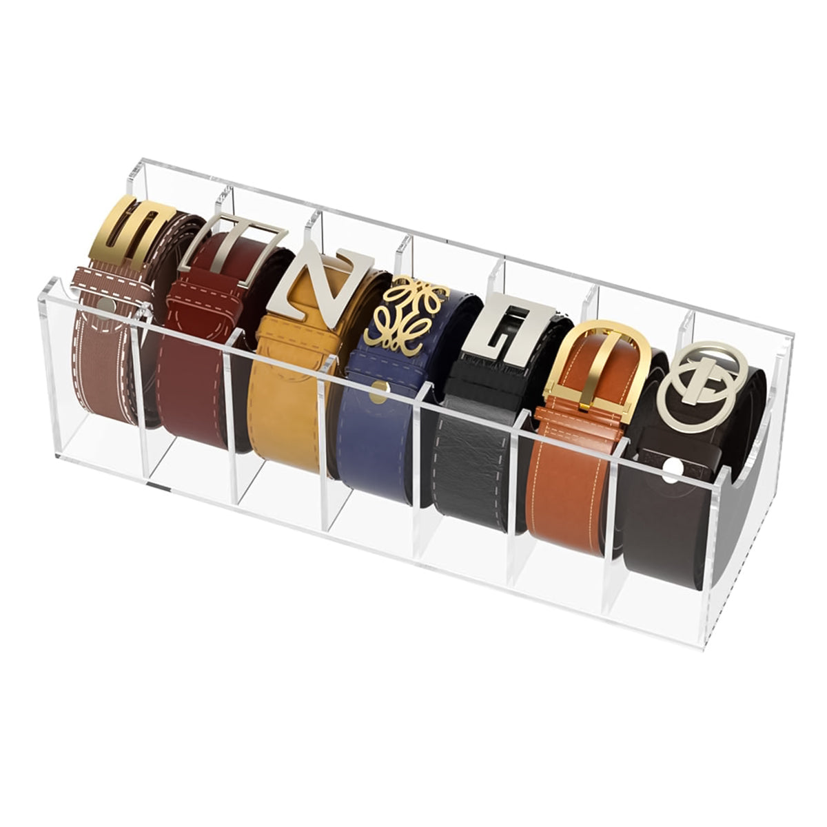 MAYCREATE Belt Organizer, Acrylic 7-Compartments Belt Container Storage Holder, Clear Belt Container Display Holder for Closet Tie and Bow Watch Jewelry Bracelets Ring Cosmetic