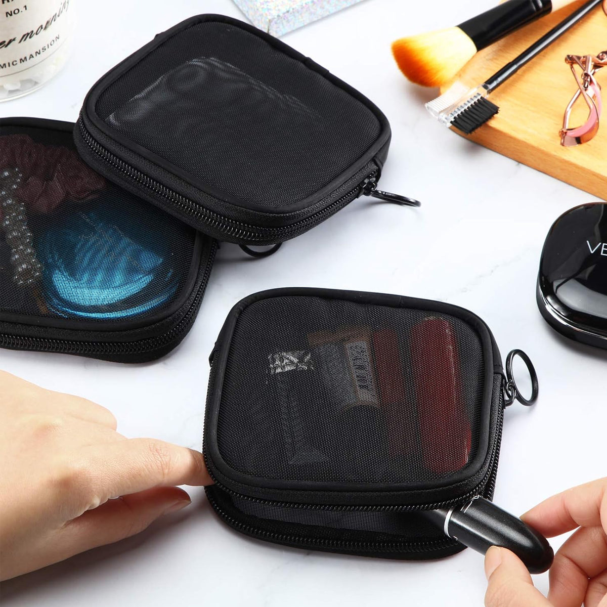 MAYCREATE 4Pcs Small Pouches, MAYCREATE Pouch Purse, Mesh Makeup Women Pouches, 4.7'' Square Lipstick Pouches Small for Women, Zipper Cosmetic Cash Pouch Accessories Organizer Bag (Black)