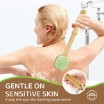 MAYCREATE Bath Brush 12.8 Inches Double Sided Silicone Body Massager Brush Back Scrubber Brush Wooden Handle Body Exfoliation Bathing Brush, Green