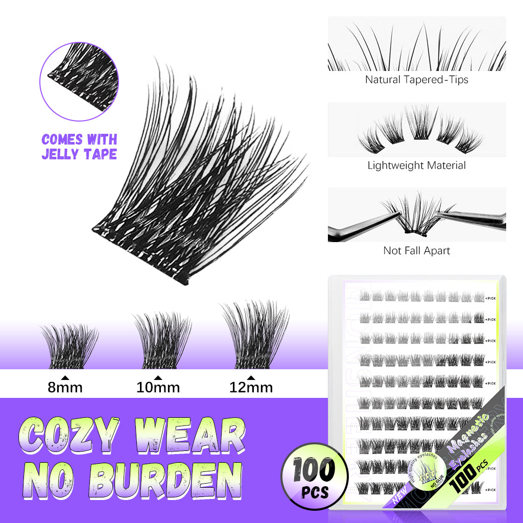 MAYCREATE 100Pcs Self Adhesive Eyelashes Clusters, No Glue Needed Lash Clusters 8/10/12MM Natural Look Pre-Glue Individual Lashes Extensions Reusable Self Adhesive Lashes Clusters