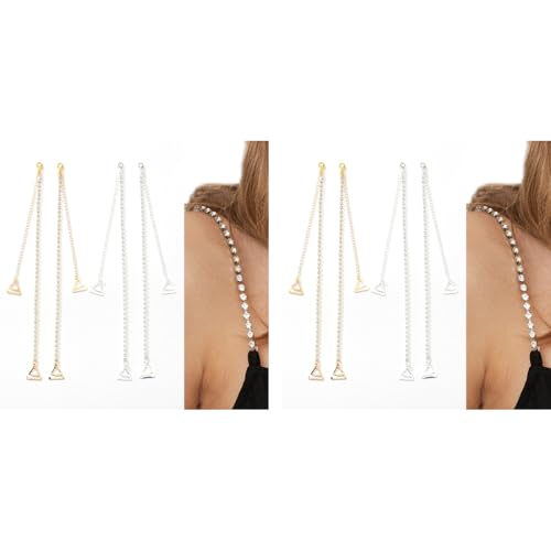 MAYCREATE® 4 Pairs Bra Straps for Women Fancy, Adjustable Crystal Beaded Bra Straps Chain, Rhinestone Straps for Bra Women, Shining Shoulder Strap for Strapless Dress (Silver & Gold)