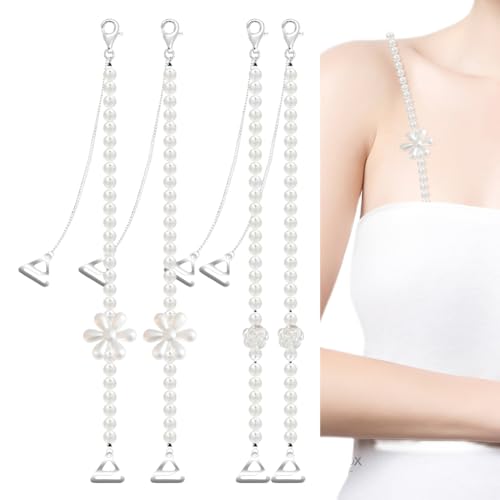 MAYCREATE 2 Pairs Pearl Bra Straps for Women Fancy Floral Pearl Straps for Bra Women Chic Beaded Bra Straps Replacement for Dress, Off-Shoulders, Evening Dress (12.4in)