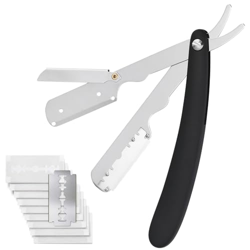 MAYCREATE® Barber Straight Razor, Barber Face Hair Razor Facial Razor, Stainless Steel Folding Beauty Shaver with 10 Replacement Razor Blades