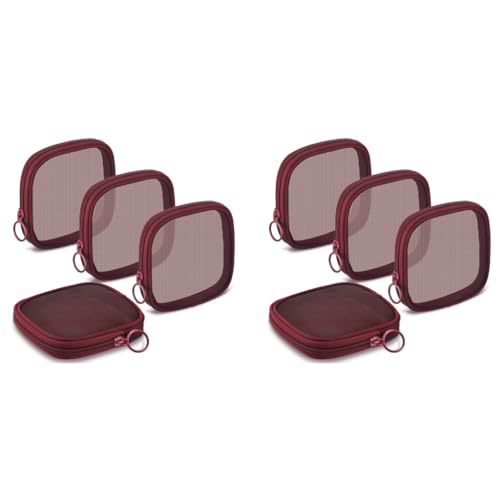 MAYCREATE® 8PCS Mesh Pouches for Women, Makeup Small Pouch, Zipper Cosmetic Bags for Women 4.7'' Square Fashion Lipstick Pouch, Mini Cash Toiletry Organizer Bag for Daily Accessories - Wine Red