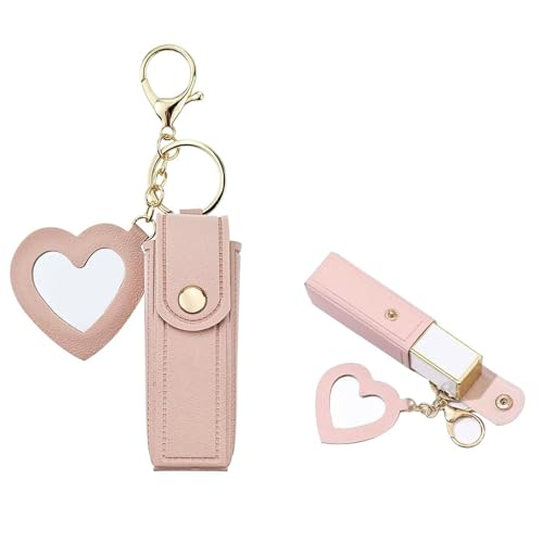 MAYCREATE Lipstick Holder Keychain, PU Lipstick Case Holder Key Chain with Heart Shape Mirror, Portable Chapstick Keychains Sleeve, Travel Lip Balm Organizer for Women Girls (Pink)