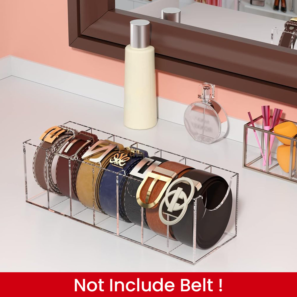 MAYCREATE Belt Organizer, Acrylic 7-Compartments Belt Container Storage Holder, Clear Belt Container Display Holder for Closet Tie and Bow Watch Jewelry Bracelets Ring Cosmetic