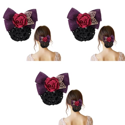 MAYCREATE® Hair Bun Net for Women Floral Barrette Snood Rose Bowknot with Clip Elegant Holder Headpiece Accessories 3 PCS