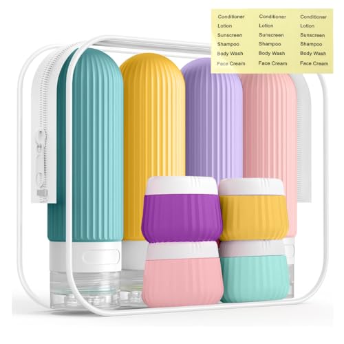 MAYCREATE® 8Pcs Toiletries Travel Bottle, 90ml Silicone Travel Bottles with 40ml Face Cream Jars, Upgraded Leakproof Refillable Toiletries Travel Bottles for Lotions, Shampoo Travel Accessories