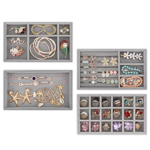 MAYCREATE Set of 4pcs Stackable Jewelry Organizer Box Tray, Earring Jewellery Organizer for Women, Drawer Inserts Container Display Case for Necklace Bracelet Ring Brooch