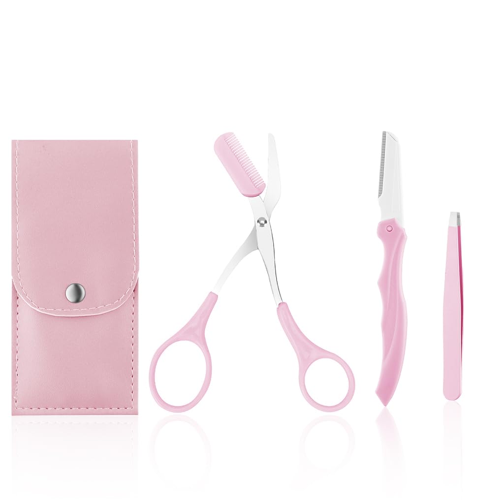MAYCREATE 3Pcs Eye Brow Scissor Eyebrow Removal Tweezer Eyebrow Trimmer Razor Facial Hair Shaper Eyebrow Trimming Make Up Tool with PU Leather Case Shave and Hair Removal, Pink