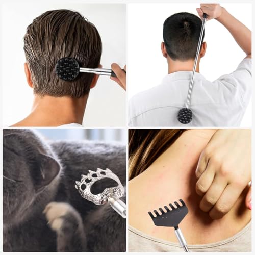 MAYCREATE® 3 in 1 Back Scratcher Metal Portable Telescoping with Rubber Handles Extendable Massager Tool Stocking Stuffers for Men Women Kids Adults Black 2PCS