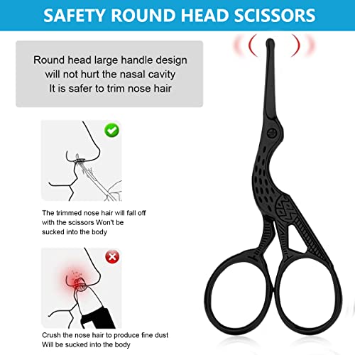 MAYCREATE Nose Hair Trimmer for Men Nose Hair Scissors Kit, Creative Carved Crane Small Beard Scissors, Women Eyebrow Scissors, Safety Blunt Tip for Facial Hair Moustache, with Storage Box (Black)
