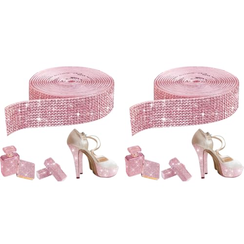 MAYCREATE® 1Roll Self Adhesive Crystal Rhinestone Ribbon Diamond Bling Tape Rhinestones Strips Sticker for Arts Crafts Wedding Birthday Party DIY Event Car Phone Decoration Pink 2 PCS