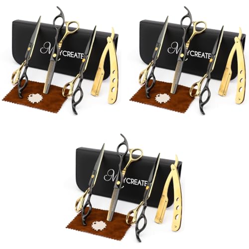 MAYCREATE® Professional Hair Cutting Scissors Kit Stainless Steel Hair Dressing Barber Straight Shears Teeth Thinning Tools with Bag for Home Salon 3 PCS