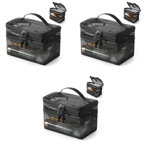 MAYCREATE® Makeup Pouch Bag Travel Organizer Large Mesh Toiletries Cosmetic Double Layer Nylon Brush with Handle 3 PCS