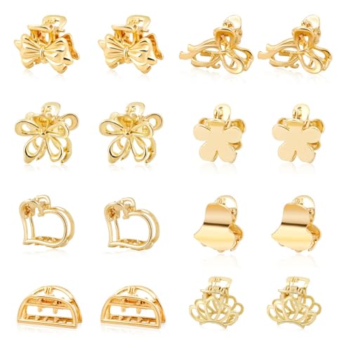 MAYCREATE® 16 PCS Small Metal Hair Claw Clips, Mini Cute Flower Jaw Clamps, Nonslip Bangs Pins Hair Accessories for Women Girls-Gold