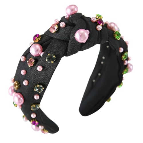 MAYCREATE® Headband for Women Knotted Pearl Rhinestone Jeweled Hairband Fashion Elegant Ladies Wide Top Knot Hair Bands Headpiece Holiday Outfits Gifts-Black