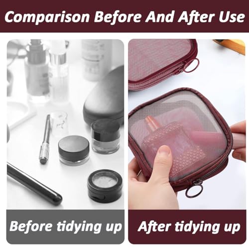 MAYCREATE® 8PCS Mesh Pouches for Women, Makeup Small Pouch, Zipper Cosmetic Bags for Women 4.7'' Square Fashion Lipstick Pouch, Mini Cash Toiletry Organizer Bag for Daily Accessories - Wine Red