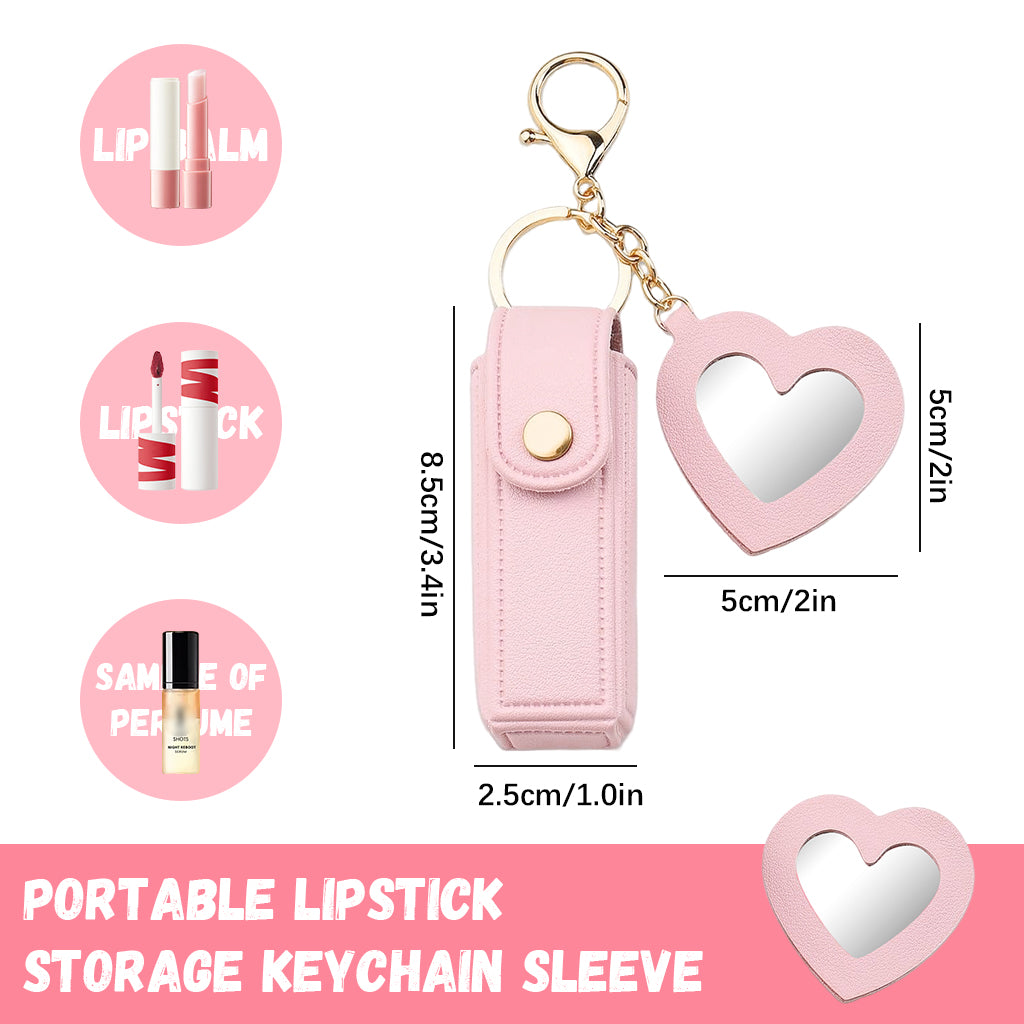 MAYCREATE Lipstick Holder Keychain, PU Lipstick Case Holder Key Chain with Heart Shape Mirror, Portable Chapstick Keychains Sleeve, Travel Lip Balm Organizer for Women Girls (Pink)