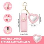 MAYCREATE Lipstick Holder Keychain, PU Lipstick Case Holder Key Chain with Heart Shape Mirror, Portable Chapstick Keychains Sleeve, Travel Lip Balm Organizer for Women Girls (Pink)