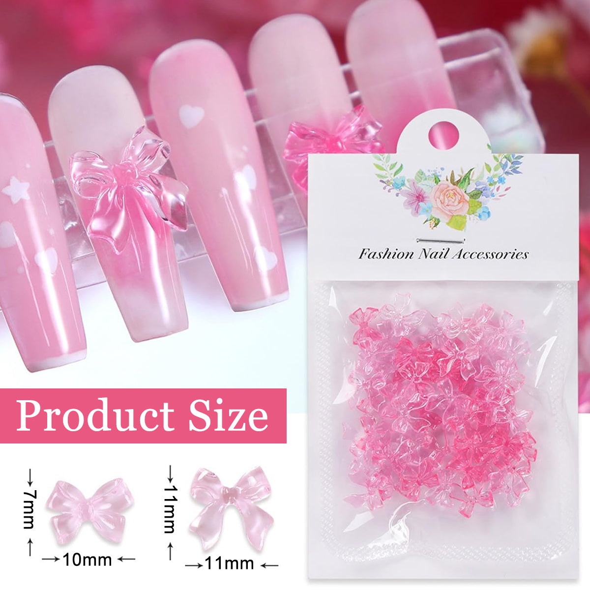 MAYCREATE 50pcs Pink Bow Nail Decals 2 Styles Flat Back Resin Bow Charms for Nail Decals Nail Art Supplies Cute Dainty Decorative Decals for DIY Nail Extension