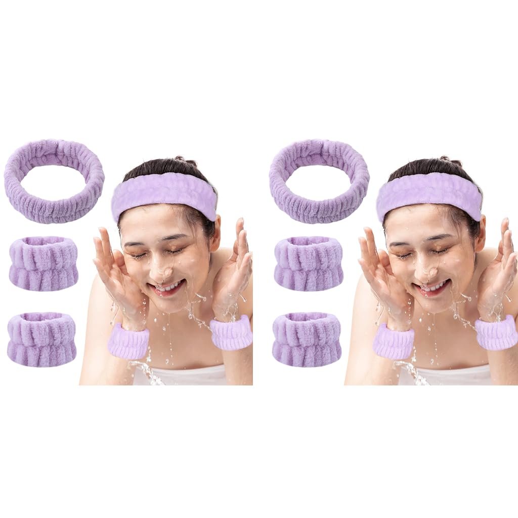 MAYCREATE Spa Headband Wristband Set for Face Wash and Yoga featuring Soft Microfiber for Women | 6PCS Purple Combo