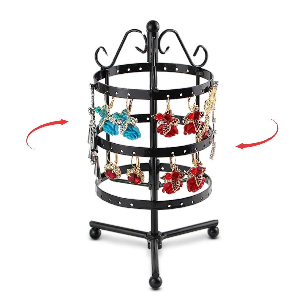 MAYCREATE Hoop Earrings Organizer for Women, 3 Tier Rotating Earring Organizer Box Storage Rack, Iron Art Earrings Holder for Over 50 Pairs, Display Stand for Dangle, Hoops Earings (Black)