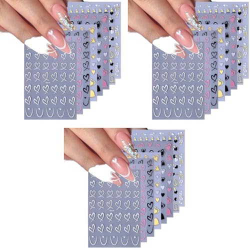 MAYCREATE® 8 Sheets Heart Nail Stickers Decals for Women Girls Art Self-Adhesive Black White Pink Graffiti Patterns Elegant Designs Accessories 24 PCS