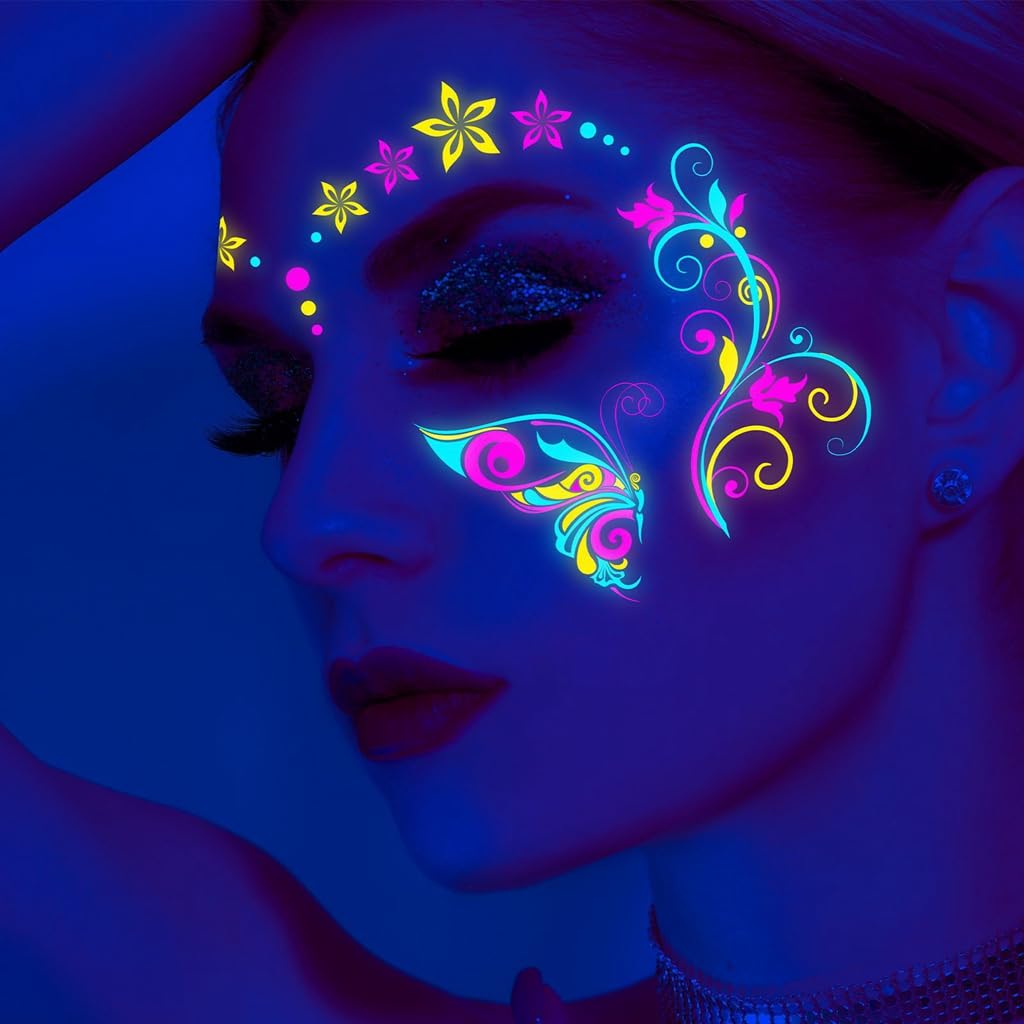 MAYCREATE 8-Sheet UV Neon Face Tattoo Sticker Temporary Tattoos, Glow in the Dark Face Tattoos, Butterfly Mermaid Fluorescence Fake Tattoo Stickers for Halloween Rave Festival Party Supplies