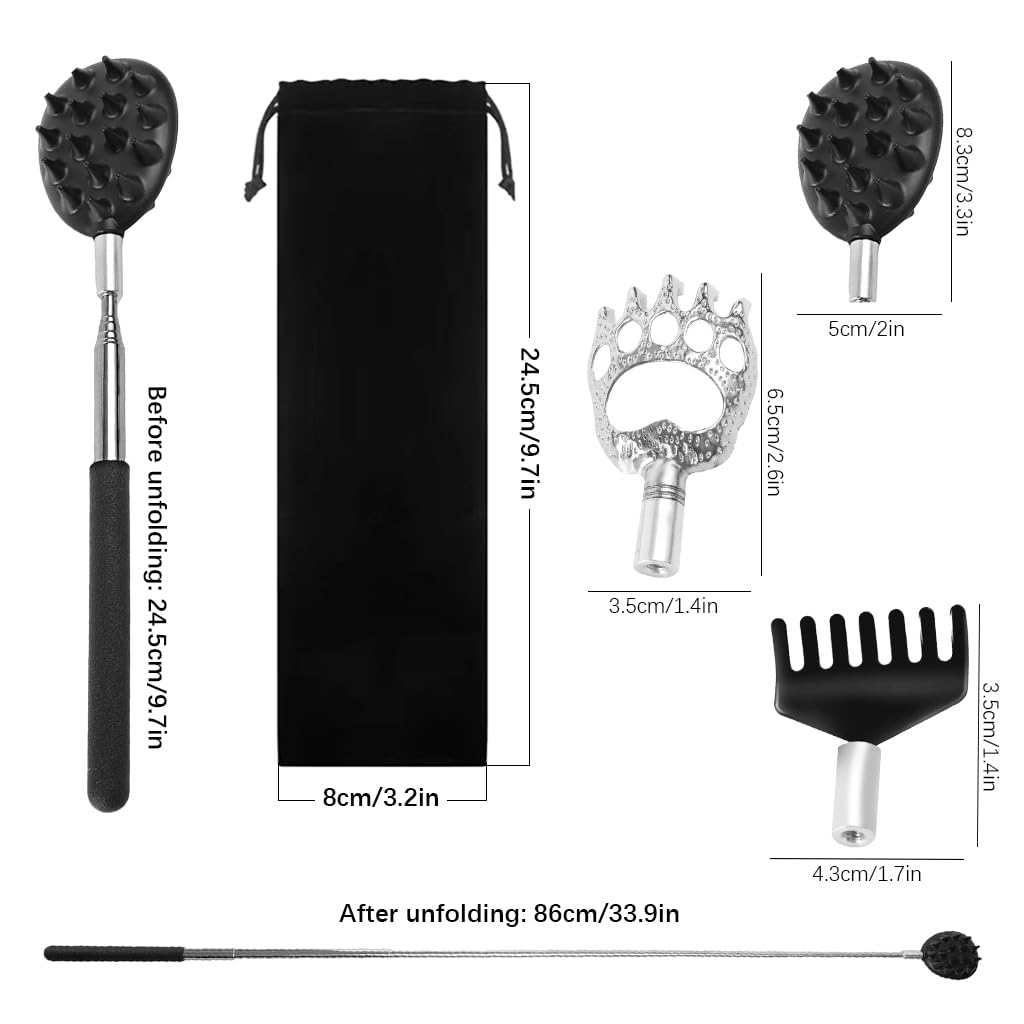 MAYCREATE 3 in 1 Back Scratcher with Interchangeable Heads and Telescoping Metal Handle | 2PCS Black