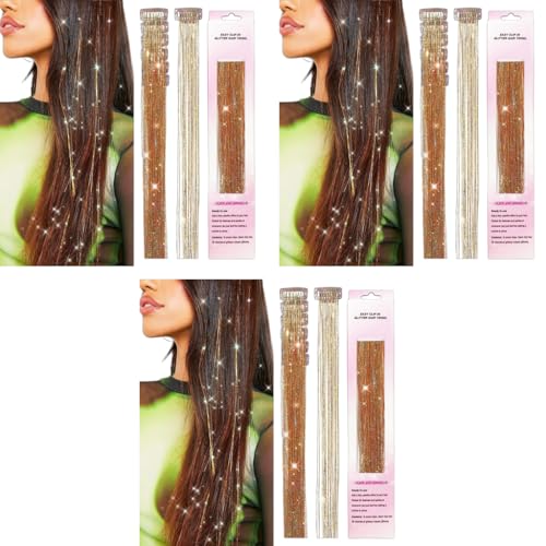 MAYCREATE® 18PCS Hair Tinsel Extensions Brown Glitter Strands 20.5 Inch Clip-on Shiny Extension Heat Resistant Fairy Kit for Women Girls Halloween Cosplay Party