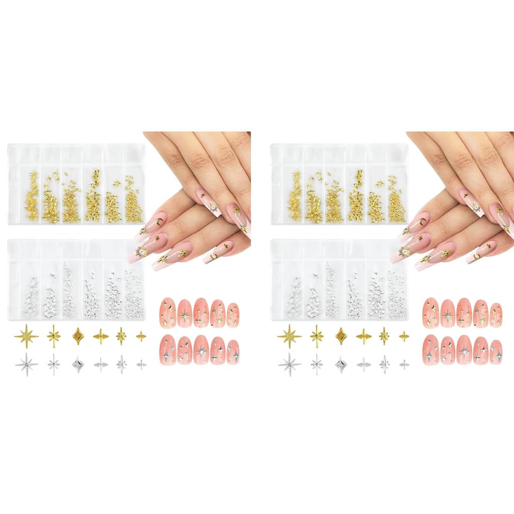 MAYCREATE Star Nail Charms Set for Acrylic Nails featuring 1700 pcs Metallic Gold and Silver Studs | Ideal for DIY Nail Art and Salon Designs