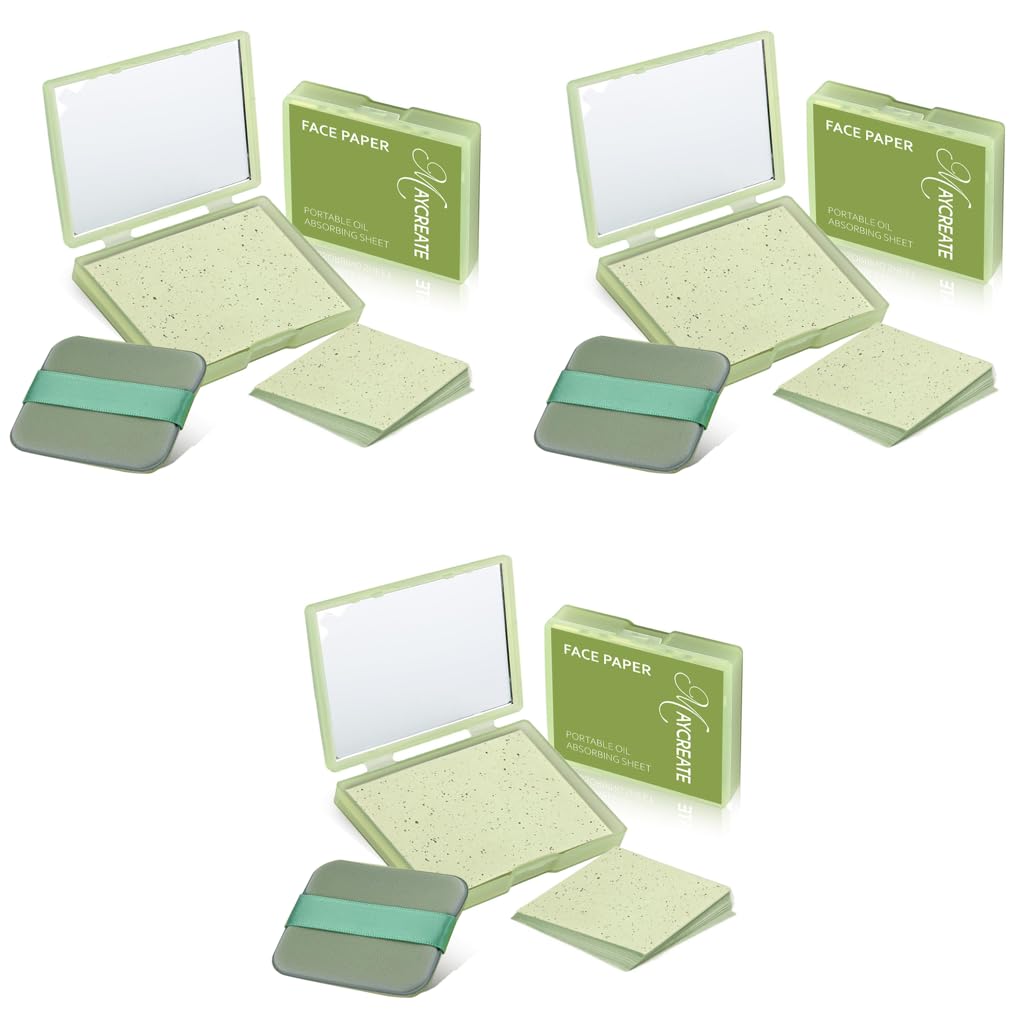 MAYCREATE Face Oil Blotting Paper for Oily Skin with Built In Mirror & Powder Puff Pad | 300PCS Natural Linen Bamboo Carbon Sheets