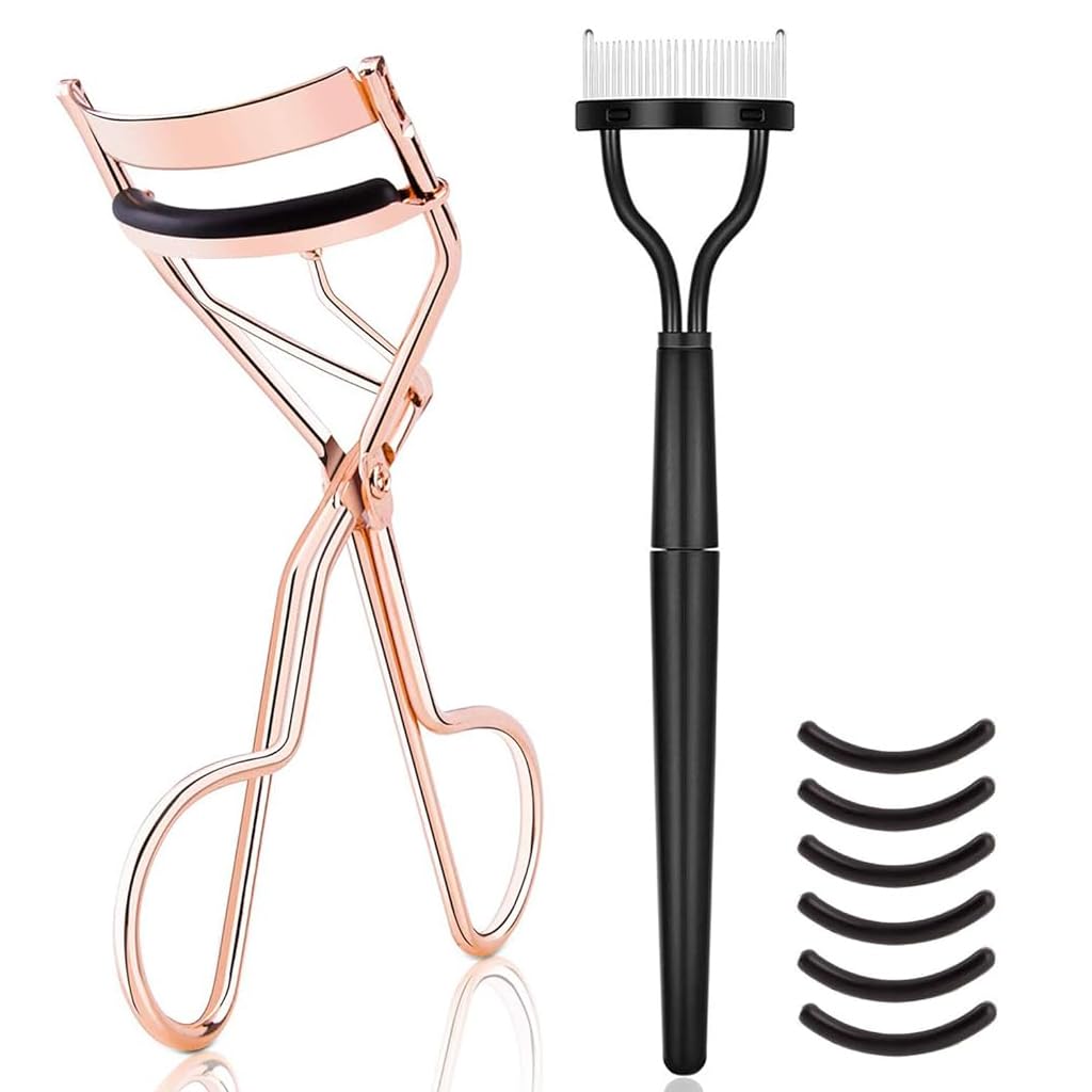 MAYCREATE Eyelash Curler Kit for Women with 6 Refill Pads and Ergonomic Metal Design | Includes Folding Lash Comb