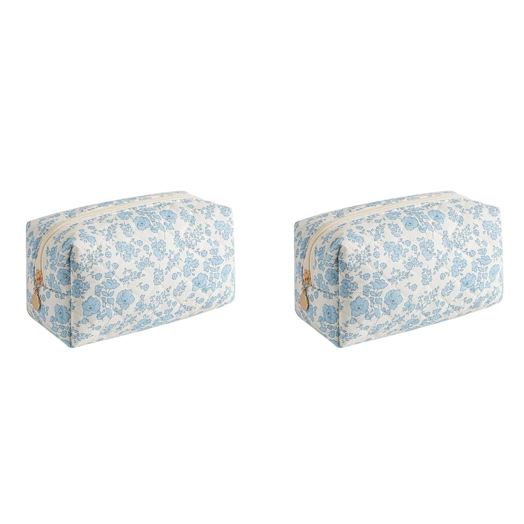 MAYCREATE Makeup Bag for Travel and Daily Use with Soft Zipper Blue Floral Design 20.5x9x9.5cm | 2 Pcs