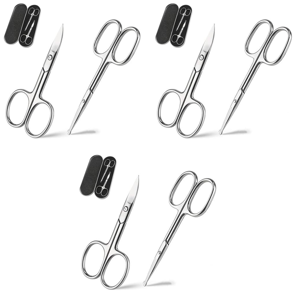 MAYCREATE Nose Scissors Set for Beard and Eyebrow Trimming featuring Ergonomic Grip | 6PCS Stainless Steel Silver Kit with Storage Box
