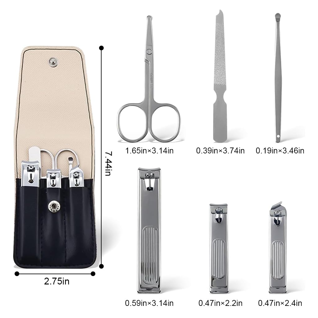 MAYCREATE Travel Nail Clipper Set with Storage Pouch Set of 6Pcs Stainless Steel Nail Clippers Toe Nail Clipper Curved-Edge Nail Clipper Nose Hair Trimmer Nail Filer Earwax Remover