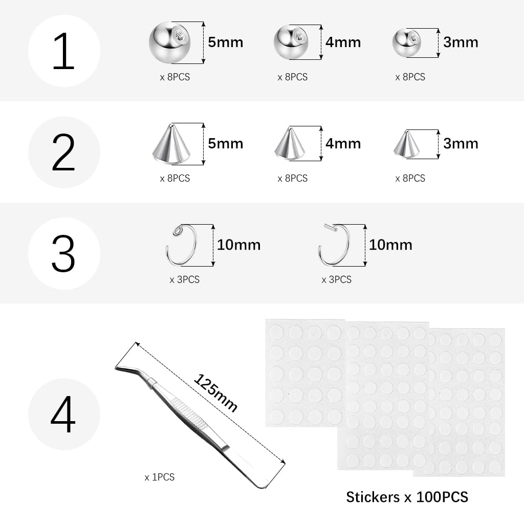 MAYCREATE 155Pcs Fake Labrets Stainless Steel Eyebrow Piercing Fake Studs Ring Set Non- piercing Lip Labret Studs Multi Sizes Fashion Fake Surface Piercings Studs Set with Adhesive Tabs and Tweezer