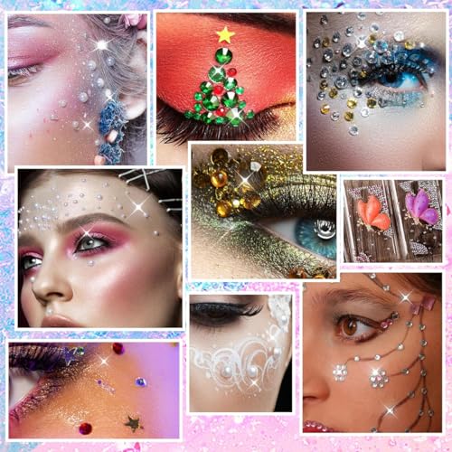 MAYCREATE® 4 Sheet Face Gems Rhinestones Pearl Stickers Kit for Makeup with Tweezer Self-Adhesive Glitter Color Festival Jewels Hair Crafts Nail Art Clothes Making 2 PCS