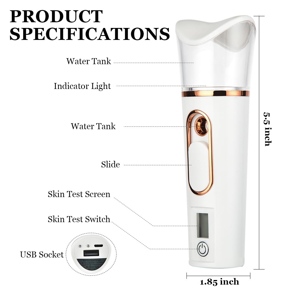 MAYCREATE 1200mAh Face Mist Sprayer Handy Nano Face Mist Spray Machine USB Cool Mister Facial Steamer with Skin Moisture Tester for Face Moisturizing, Hydration Refreshing (Long Endurance)