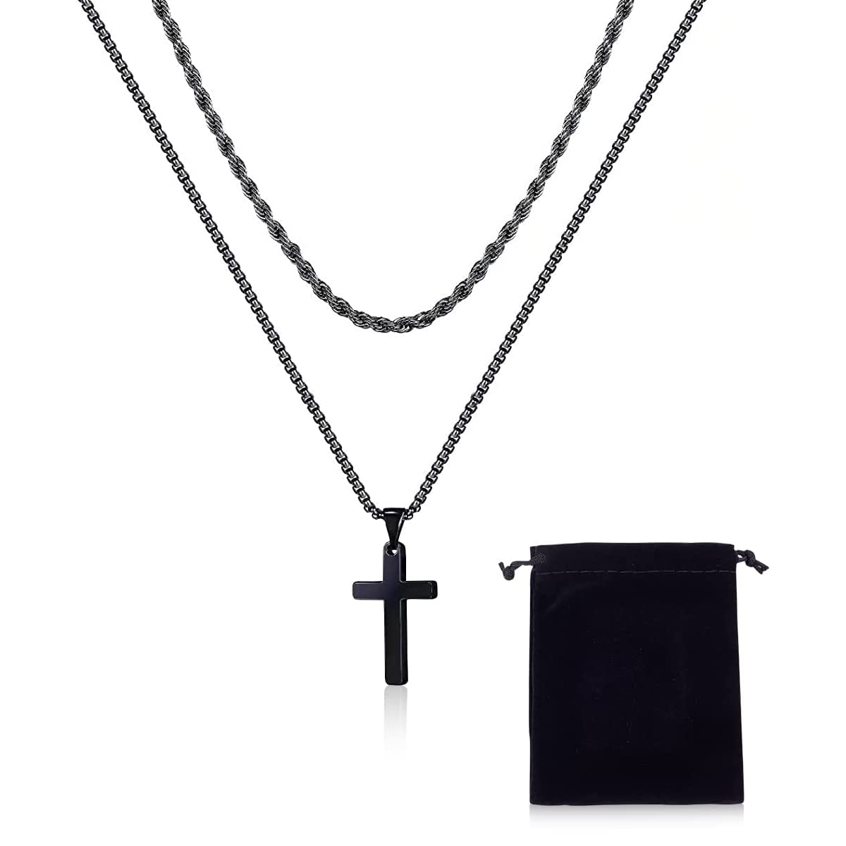 MAYCREATE Black 2 Pcs Double Layered Electroplated Titanium Classic Cross Pendant Steel Chain Necklace Set with Flannel Bag for Men & Women