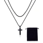 MAYCREATE Black 2 Pcs Double Layered Electroplated Titanium Classic Cross Pendant Steel Chain Necklace Set with Flannel Bag for Men & Women