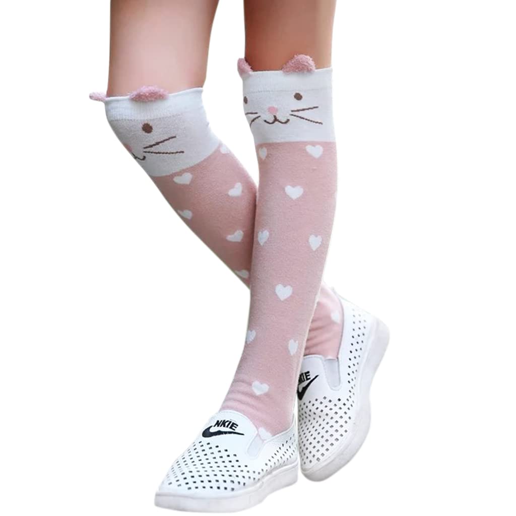 MAYCREATE Pink Girls Cotton Knee,High Socks Cute Kitty Winter Warm Long Socks for Christmas Gift,Girls 3 to 12 Years Old Boot Socks,One Pair