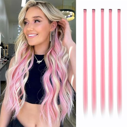 MAYCREATE 5 Pcs Pink Hair Extensions for Women, Synthetic Long Hair, Lightweight Clip-In Artificial Highlight Extensions, Perfect for Daily Use, Parties, Festivals, Navratri, and Gifting
