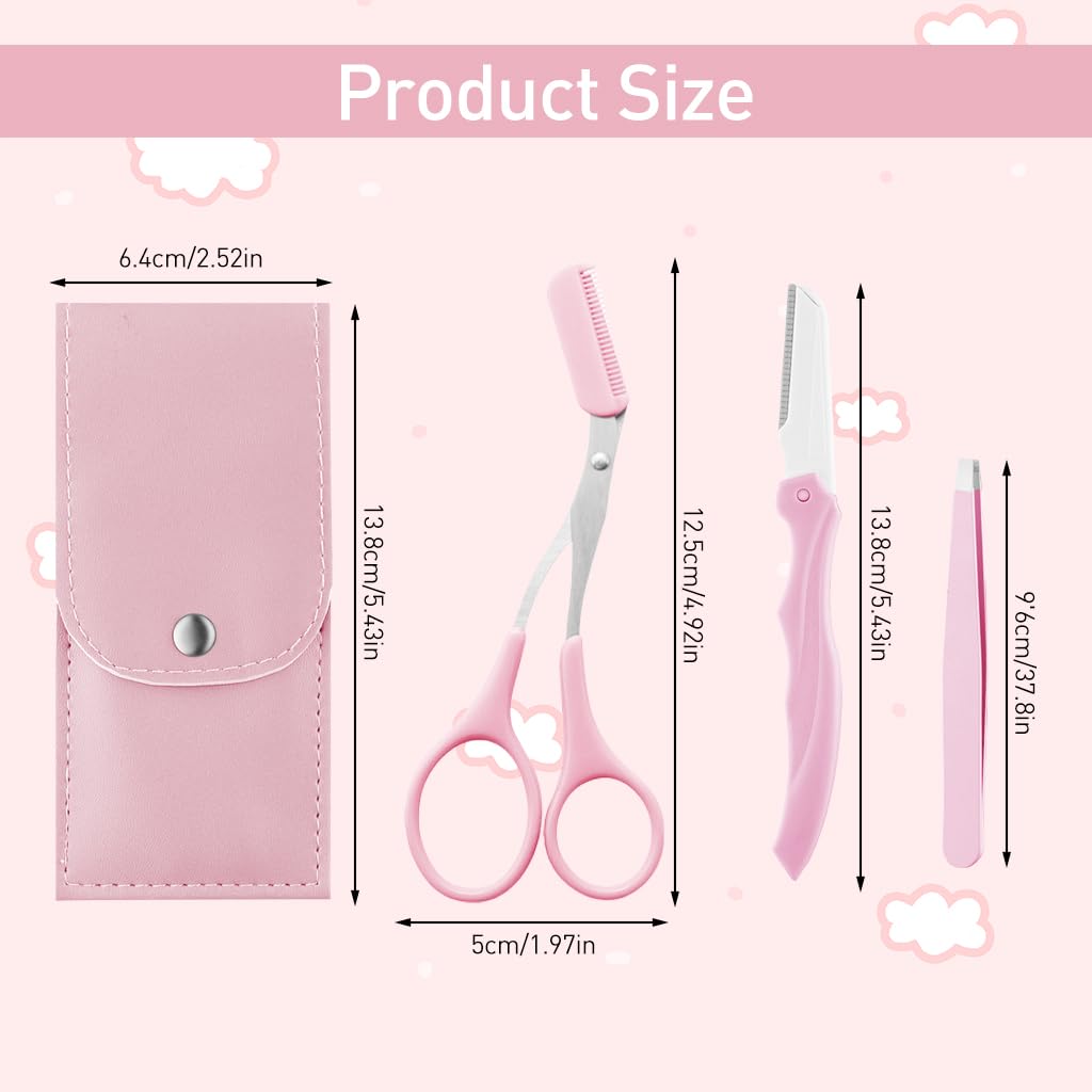 MAYCREATE 3Pcs Eye Brow Scissor Eyebrow Removal Tweezer Eyebrow Trimmer Razor Facial Hair Shaper Eyebrow Trimming Make Up Tool with PU Leather Case Shave and Hair Removal, Pink