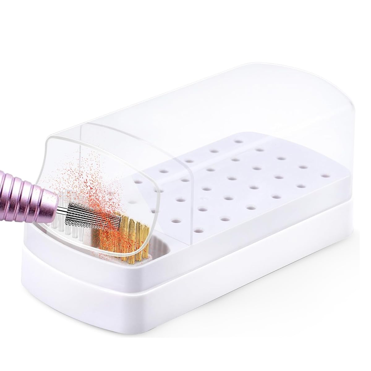 MAYCREATE 2 in 1 Nail Drill Bits Organizer Case with Nail Drill Bits Cleaning Brush, 30 Holes Dustproof Nail Art Drill Bits Stand with Lid Nail Drill Bits Storage Box with Intergrated Cleaning Brush
