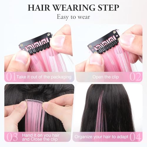 MAYCREATE 5 Pcs Pink Hair Extensions for Women, Synthetic Long Hair, Lightweight Clip-In Artificial Highlight Extensions, Perfect for Daily Use, Parties, Festivals, Navratri, and Gifting