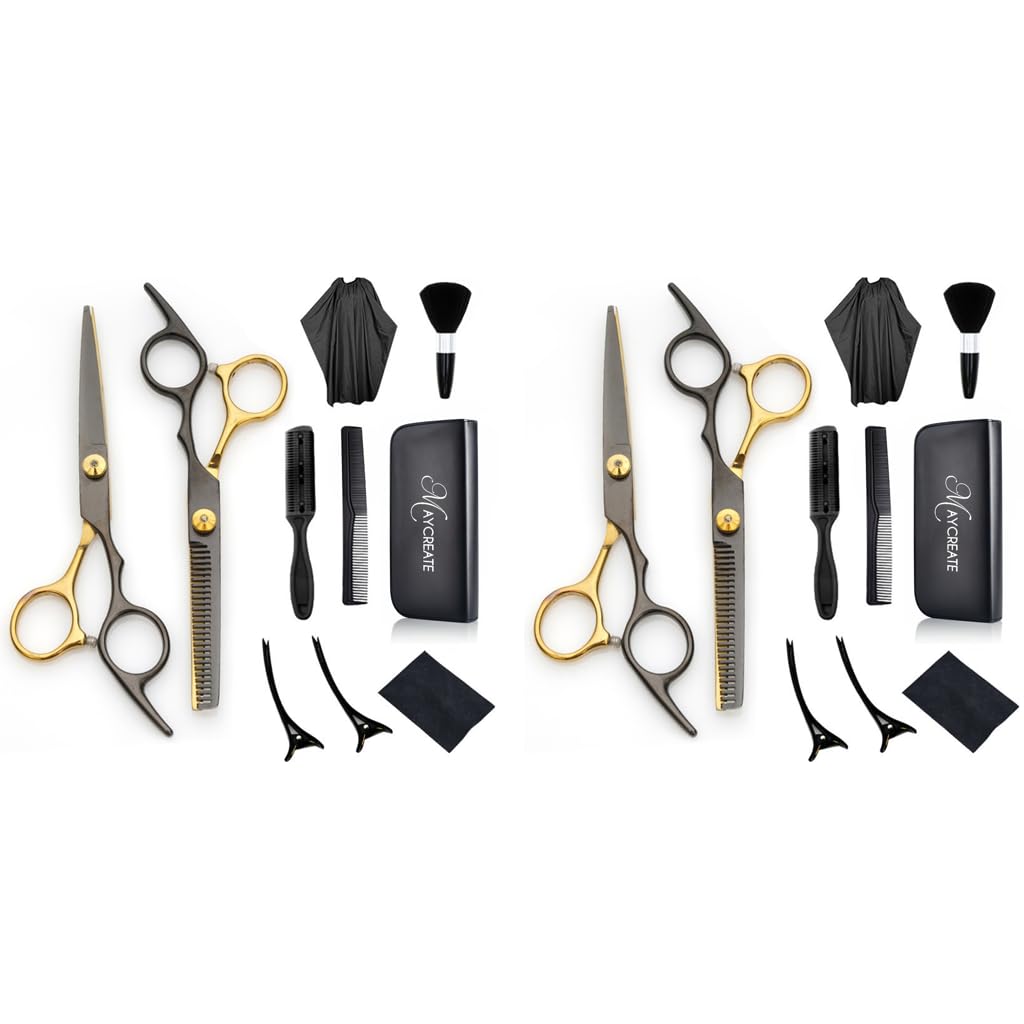 MAYCREATE Hair Cutting Scissors for Home and Salon Use with Adjustable Screw & 10pcs Kit | Stainless Steel Tools for Men and Kids Hair Trimming